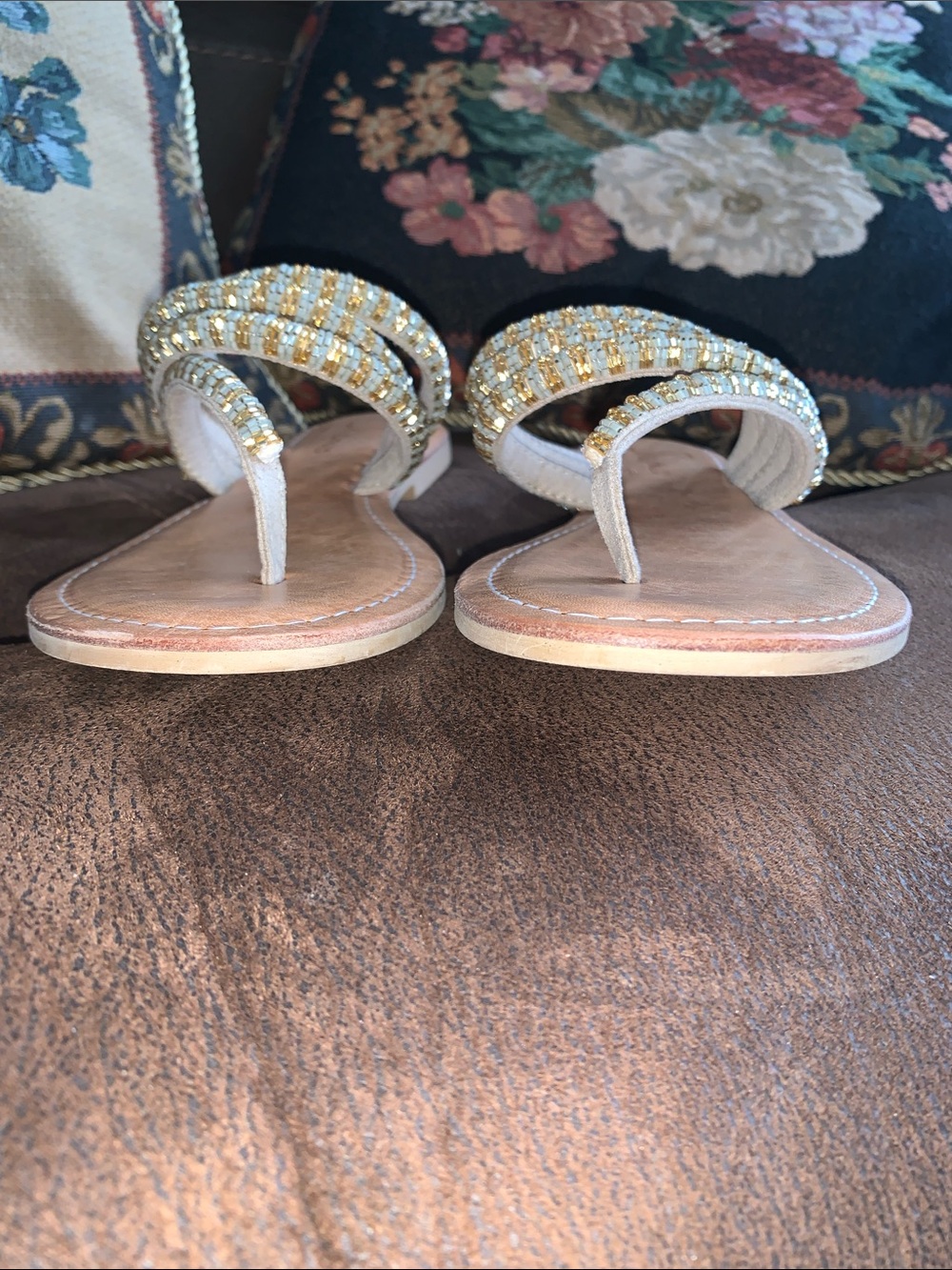 Skemo Tan Leather Thong Sandals with Gold & Silver Beaded Straps - Picture 8 of 8